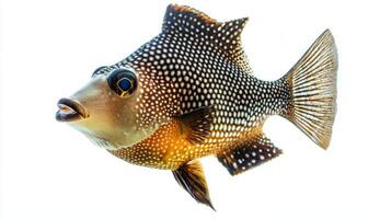 Triggerfish belongs to the Balistidae family exhibiting its vibrant coloration and distinctive patterns while floating isolated on a white backdrop. photo