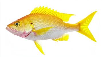 Yellowtail Snapper known scientifically as Ocyurus chrysurus displays its striking yellow and silver hues against a clean white background highlighting its distinct characteristics. photo