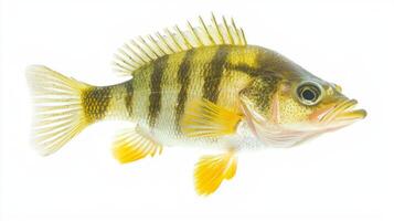 Yellow Perch Perca flavescens is displayed against a white backdrop highlighting its striking yellow and black striped pattern along with vibrant fins perfect for educational purposes. photo
