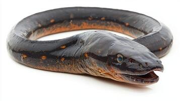 striking electric eel species Electrophorus electricus is shown on a white background highlighting its fascinating features for educational and research purposes. photo