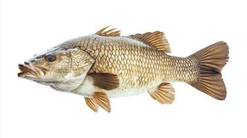 Barramundi fish scientifically known as Lates calcarifer is showcased against a white backdrop emphasizing its distinctive scales and features. photo