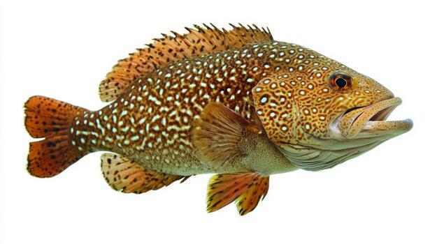 Gag Grouper a species known for its vibrant colors and unique spots swims against a clean white background highlighting its remarkable appearance. photo