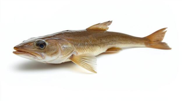 haddock lies on a white surface highlighting its distinct body shape and vibrant coloration commonly found in cold Atlantic waters. photo