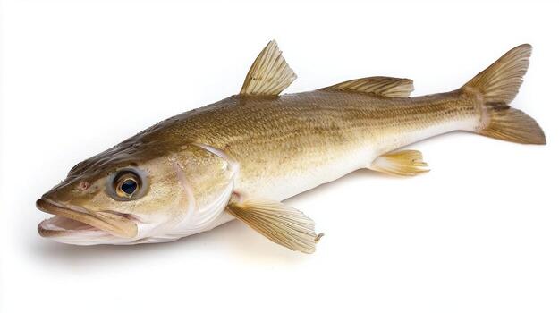 haddock a popular fish species displays its distinctive features and colors prominently against a white backdrop highlighting its fresh condition. photo