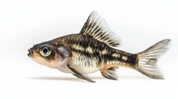 Panda Corydoras is depicted as it swims displaying its distinctive markings and elegant fins against a clean white backdrop highlighting its beauty and charm. photo