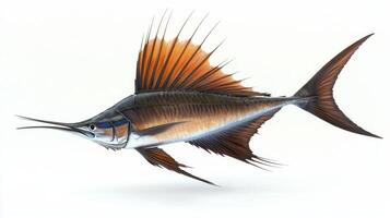 Sailfish known for its remarkable speed and striking appearance is captured in stunning detail against a crisp white background highlighting its vibrant fins and elongated body. photo