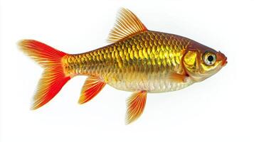 Rosy Barb known for its striking golden body and red fins is presented against a white background highlighting its distinct features and vibrant colors. photo