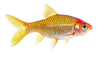 Rosy Barb swims elegantly displaying its bright colors and distinctive features isolated on a white background for clarity and detail. photo