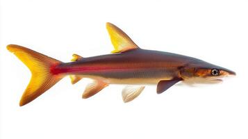 vibrant Rainbow Shark Epalzeorhynchos frenatum is featured emphasizing its distinctive coloration and sleek shape in a bright white setting. photo