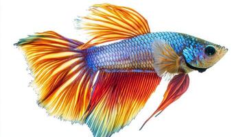 Siamese Fighting Fish displays its stunning fins and colorful scales as it swims against a pristine white backdrop showcasing natural beauty and elegance. photo