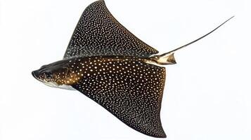 striking Spotted Eagle Ray moves effortlessly through the water displaying its distinctive spotting against a bright background emphasizing its beauty and grace. photo