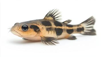 Weather Loach displays its unique coloration and markings highlighting its elongated body and delicate fins in a striking isolated setting. photo