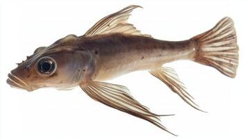 Elephantnose Fish displays its distinctive shape and fins swimming gracefully in isolation on a plain white backdrop highlighting its natural beauty. photo