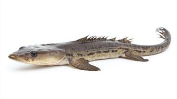 Bichir a fascinating fish species in the Polypteridae family showcases its elongated body and distinctive fins on a pure white backdrop. photo