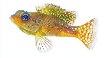 lively Blenny exhibits brilliant colors and intricate patterns as it swims gracefully showcasing its unique features in a striking contrast with the white backdrop. photo