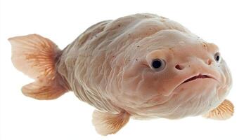 striking depiction features a Blobfish with its distinct gelatinous body and expressive face isolated against a bright white backdrop emphasizing its unique shape. photo