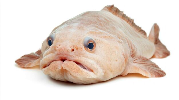 Blobfish characterized by its soft gelatinous body and facial features is displayed against a stark white backdrop highlighting its unusual appearance and marine adaptations. photo