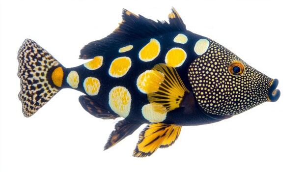 colorful Clown Triggerfish swims elegantly displaying its striking yellow and black markings against a clean white backdrop highlighting its beauty and form. photo