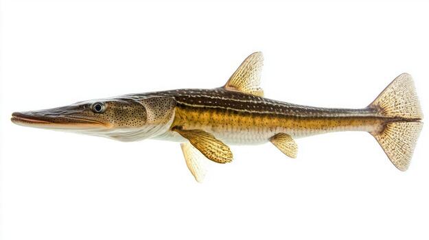 Longnose Gar features an elongated body and distinctive snout highlighting its unique adaptations. The fish swims gracefully in a bright setting. photo