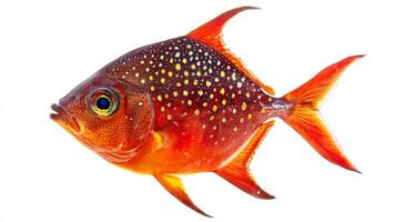 striking Opah Lampris guttatus displays vivid hues and distinctive patterns emphasizing its unique features while set against a pure white backdrop. photo