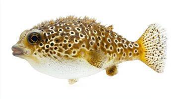 pufferfish displays its distinct patterns and features showcasing its unique body shape and vibrant colors while floating against a pristine white backdrop. photo