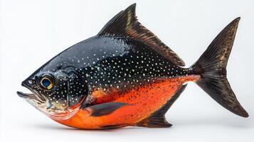 high resolution display highlights an Opah known for its distinctive orange and black coloration set against a clean white background. The fishs prominent shapes and patterns are showcased. photo