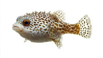 stunning pufferfish with intricate patterns swims gracefully its distinctive features highlighted against a stark white background emphasizing its beauty. photo
