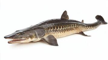 sturgeon is prominently displayed against a white backdrop illustrating its elongated body prominent snout and unique fin structure. This fish species is vital for ecological balance. photo