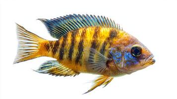 African Cichlid glides elegantly through the water displaying striking yellow and blue patterns. Its fins fan out beautifully capturing attention in its vivid surroundings. photo