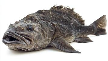 Atlantic Wolffish known for its distinctive appearance displays its unique features while swimming in its natural environment. This species showcases its prominent teeth and rugged skin. photo
