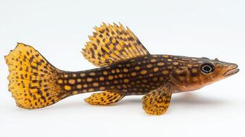 Bristlenose Pleco a freshwater fish species known for its unique appearance displays its vibrant colors and intricate patterns against a clear white backdrop. photo