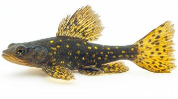 Bristlenose Pleco glides gracefully against a stark white background highlighting its unique textures and vibrant colors perfect for aquarists and enthusiasts alike. photo