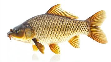 common carp is presented against a white backdrop highlighting its unique features such as the vivid scales coloration and distinctive fin structure emphasizing its aquatic beauty. photo