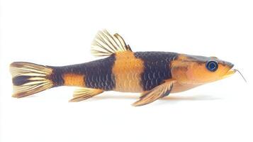 Dojo Loach swims gracefully against a white background displaying its elongated body and striking coloration. This freshwater fish is known for its active behavior. photo