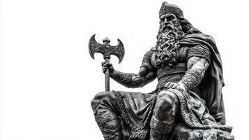 Scandinavian god Baldr in a realistic style showcasing his imposing figure and intricate details as he sits confidently with an axe. photo