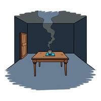 Misty empty room with wooden table and dark wall with smoke effect background. image vector