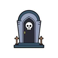 Scary halloween skull hovering over the entrance of a spooky crypt vector