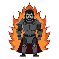 Medieval Hero in Battle Armor. Dark Knight Silhouette on a Fiery War Background - A Courageous Fantasy Warrior Ready for Epic Combat. vector