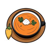 Pumpkin and carrot soup with cream and parsley on dark wooden background Top view Copy space. AI vector