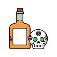 Offering of tequila and skull with flowers in memory of our deceased in the Day of the Dead celebration with an empty photo frame.mockup. Halloween. copy space vector