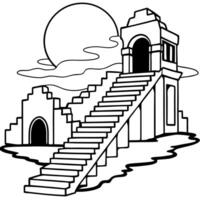Ruined building with a large staircase in the fog with moonlight through the old windows 3d illustration vector