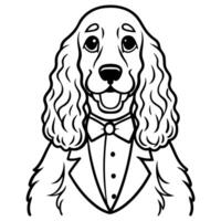 Photo of a Cocker Spaniel looking dapper in a tuxedo against a pristine white background. vector