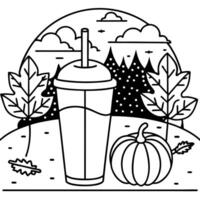 Starbucks pumpkin cream cold brew latte drink on table street view autumn fall trees golden hour vector