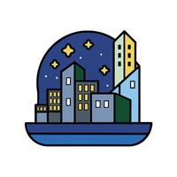 Pixel art night modern city with moon and stars. vector