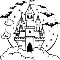 Scary horror and haunted Dracula medieval vampire castle with bats. Halloween myth and legend. Creepy atmosphere with big clouds. vector
