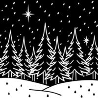 Snow falling at night in a snowy dark forest with magical lights and stars vector
