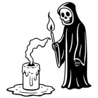 Scary grim reaper standing behind a melting and burning candle doing dark ceremony on haunting black background with copy space. Halloween event scene and poster backdrops. vector