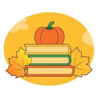 Autumn books. Halloween books. A stack of books and pumpkins on a bright yellow background of autumn foliage. The concept of learning and education. back to school.Autumn season. vector