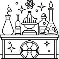Artwork of an ancient alchemist's work-table vector