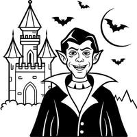 Man Dressed as a Vampire Posing Against a Dark Castle - Helloween - vector